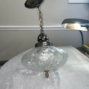 MCM Mid Century Modern Crackle Glass Ceiling Light Fixture Gold & Brass